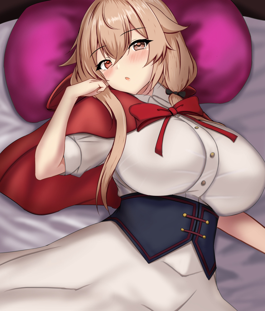1girl, breasts, brown_eyes, capelet, corset, cosplay, dress, hair_flaps, highres, hood, indoors, kantai_collection, large_breasts, little_red_riding_hood_(fairy_tale), little_red_riding_hood_(fairy_tale_character), little_red_riding_hood_(fairy_tale_character)_(cosplay), long_hair, low_twintails, lying, montemasa, murasame_(halloween)_(kancolle), murasame_(kancolle), murasame_kai_ni_(kancolle), on_bed, open_mouth, red_capelet, red_eyes, red_hood, smile, twintails, white_dress
