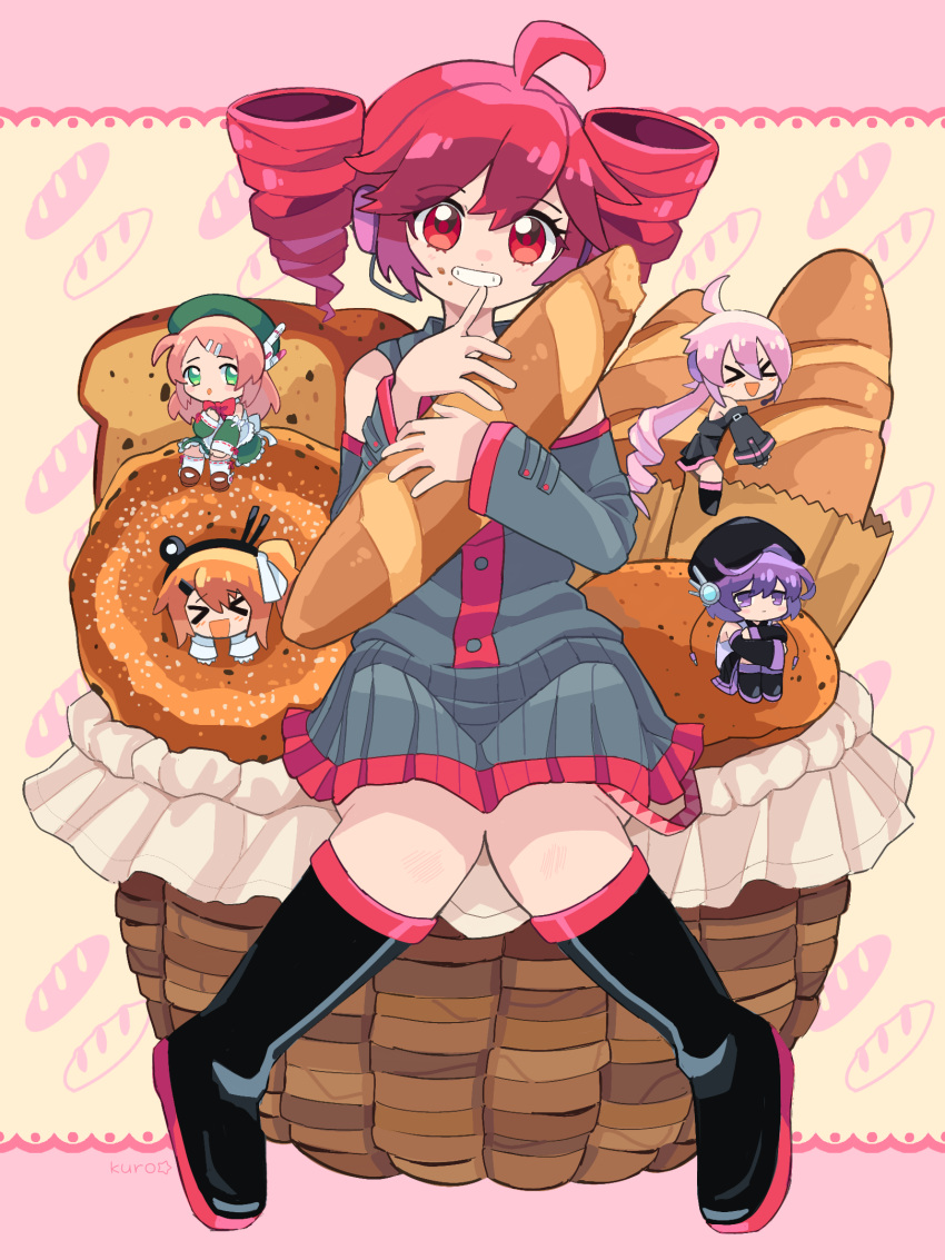 5girls, adachi_rei, ahoge, baguette, basket, black_boots, blush, boots