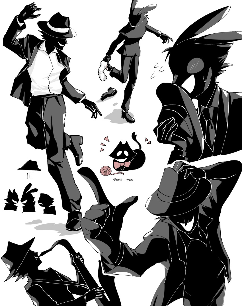 3boys, animal_ears, black_hat, black_necktie, black_pants, black_shoes, bow, cat
