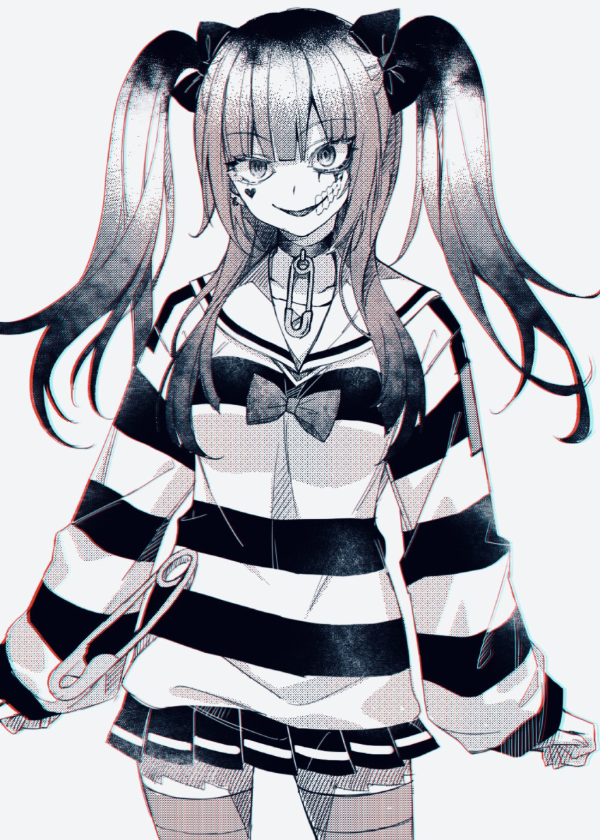 1girl, amemiya_darumi, arms_at_sides, ben-day_dots, bow, choker, commentary_request, facial_mark