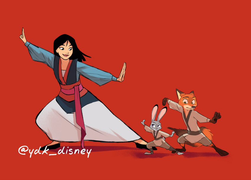 1boy, 2girls, asian, black_hair, chinese_clothes, company_connection, disney, fa_mulan_(disney), fox, hanfu, highres, judy_hopps, long_hair, looking_at_viewer, mulan_(movie), multiple_girls, nick_wilde, rabbit, short_hair, simple_background, smile, ydk_dny, zootopia