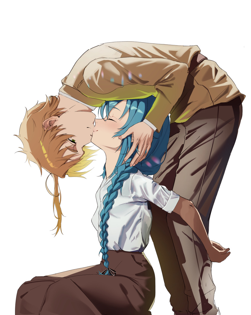 1boy, 1girl, absurdres, bent_over, black_pants, black_skirt, blonde_hair, blue_hair, braid, brown_shirt, closed_eyes, closed_mouth, collared_shirt, commentary_request, from_side, grabbing_another's_head, grabbing_from_behind, green_eyes, hetero, highres, kaoru_puripuri, kiss, long_braid, long_hair, mushoku_tensei, pants, pencil_skirt, ponytail, profile, roxy_migurdia, rudeus_greyrat, shirt, simple_background, sitting, skirt, twin_braids, white_background, white_shirt