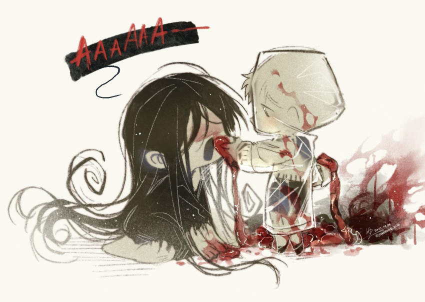 adashino_adami, black_hair, black_kimono, blood, blood_on_clothes, blood_on_face, blood_on_hands, cannibalism