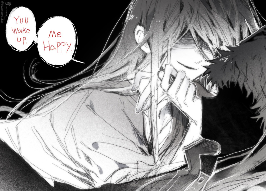 1boy, 1girl, adashino_adami, black_background, death, english_commentary, english_text, highres
