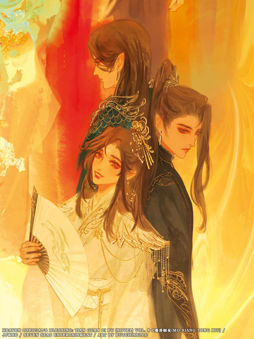 1girl, 2boys, abstract_background, artist_name, asymmetrical_bangs, belt, black_hanfu, brown_eyes