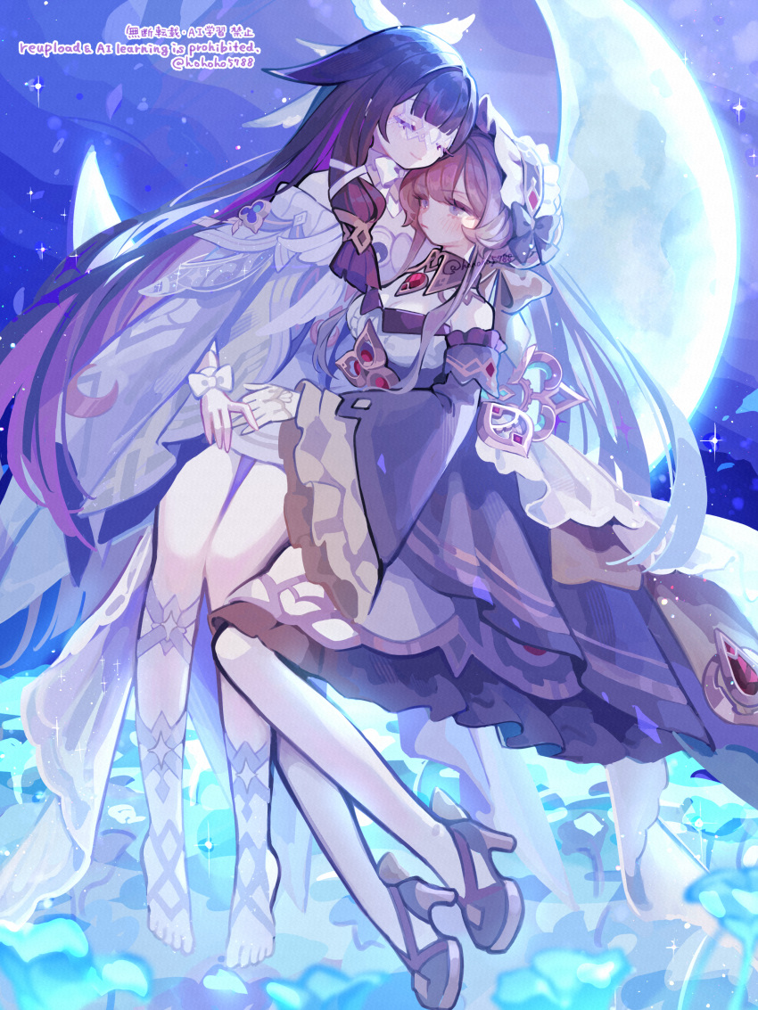 2girls, absurdres, bare_shoulders, black_collar, black_dress, black_hair, black_sleeves, blue_eyes, brown_hair, closed_eyes, collar, columbina_(genshin_impact), detached_collar, detached_sleeves, dress, eye_mask, feathered_wings, full_body, genshin_impact, head_wings, high_heels, highres, long_hair, long_sleeves, moon, multicolored_hair, multiple_girls, pantyhose, pink_hair, poponnu, sandrone_(genshin_impact), short_hair_with_long_locks, white_dress, white_headdress, white_pantyhose, white_wings, wide_sleeves, wings, yuri