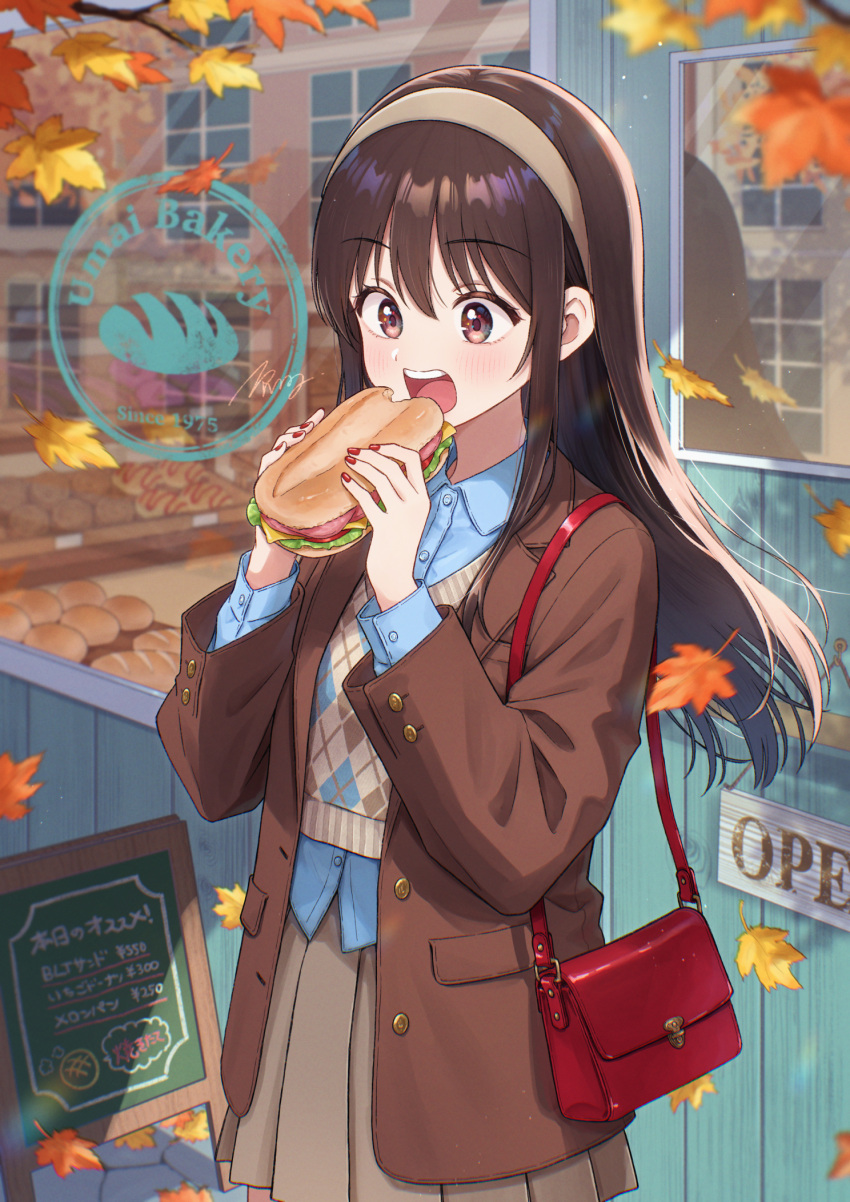 1girl, aisaka_youko, autumn, bag, bakery, blue_shirt, blush, branch