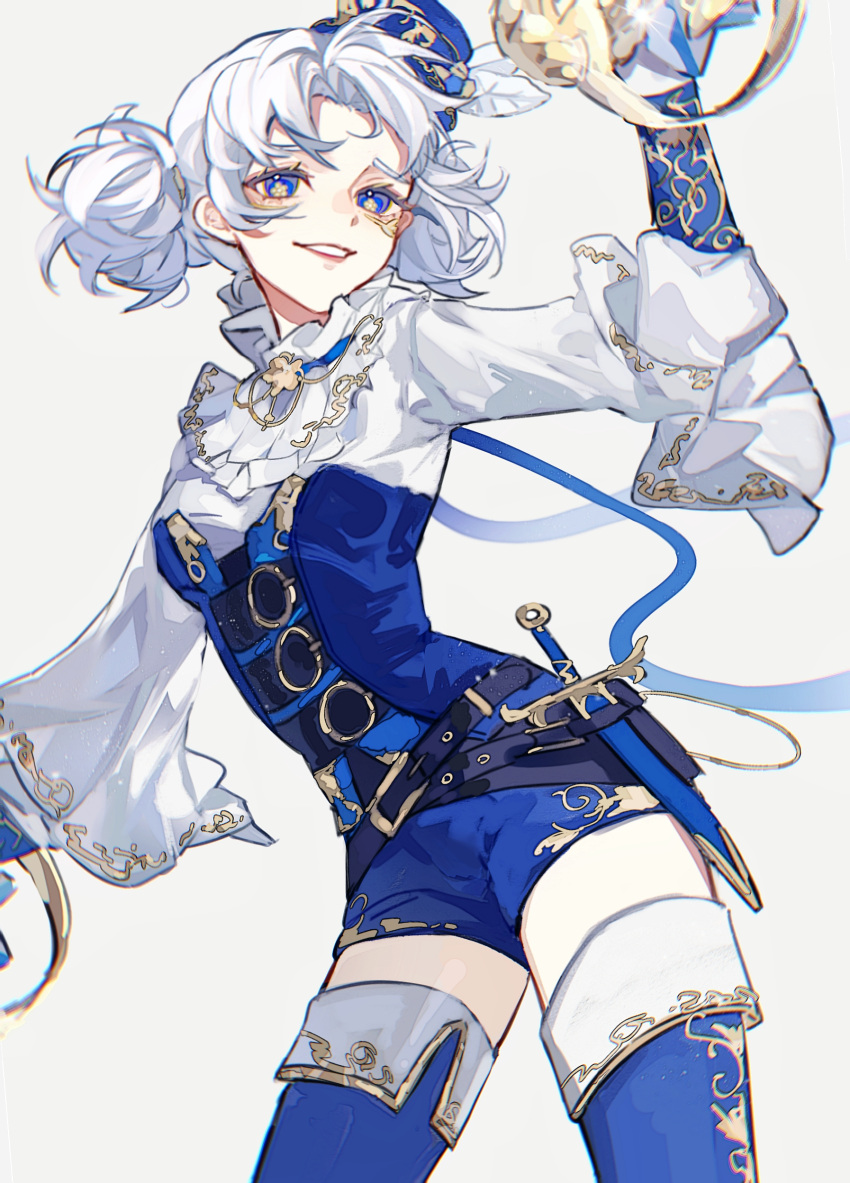 1girl, absurdres, belt, black_belt, blue_corset, blue_eyes, blue_hat, blue_shorts, boots, corset, flower-shaped_pupils, frilled_shirt_collar, frills, gold_trim, haruka_(rsyaooooo), hat, highres, identity_v, lily_barriere, looking_at_viewer, multiple_belts, official_alternate_costume, red_lips, shirt, short_twintails, shorts, smile, symbol-shaped_pupils, thigh_boots, twintails, white_hair, white_shirt, wide_sleeves