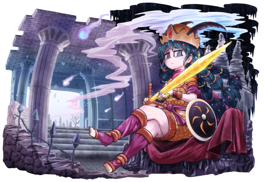 1girl, absurdres, armor, black_hair, bracer, braid, chamaji, closed_mouth