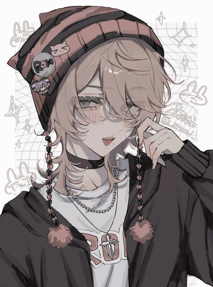 1boy, 38uii, absurdres, black_choker, black_jacket, blonde_hair, blush, character_request