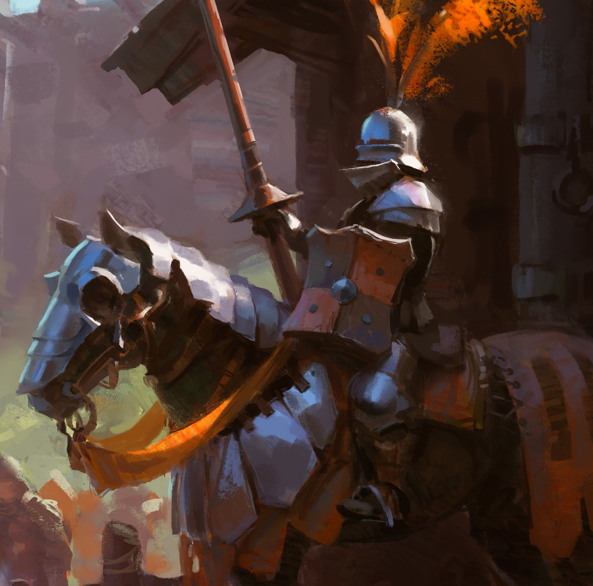 1boy, animal, armor, barding, commentary, cropped, day, english_commentary