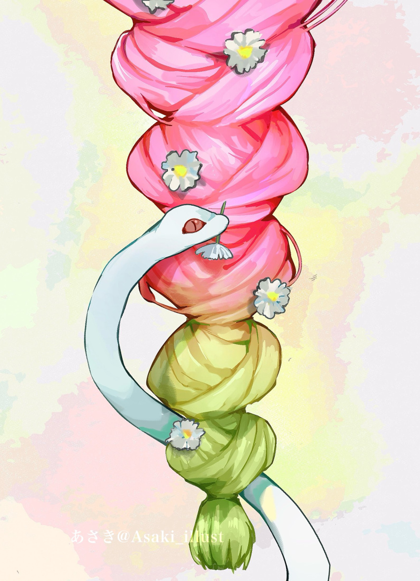 asaki_illust, braid, daisy_(flower), flower, green_hair, hair_flower, hair_ornament, highres