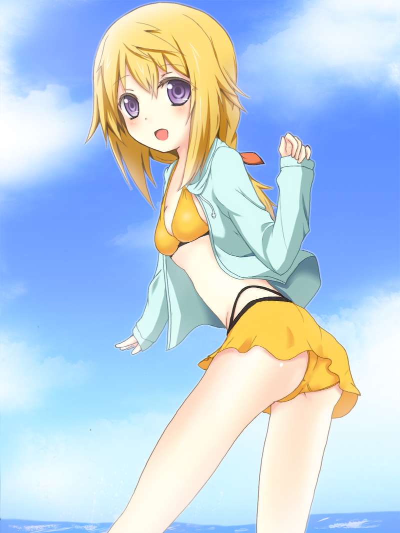 :d, bikini, bikini_skirt, blonde_hair, blush, charlotte_dunois, ende_(artist), hoodie