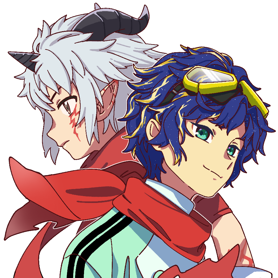 2boys, aegiomon, aioka_(aichiu_kuchiu), astel_leda, blue_eyes, blue_hair, cosplay, digimon, digimon_(creature), digimon_story:_time_stranger, goggles, goggles_on_head, green_jacket, grey_hair, holostars, horns, jacket, male_focus, multiple_boys, pointy_ears, red_scarf, scarf, simple_background, transparent_background, upper_body, virtual_youtuber, white_jacket, yuuki_dan, yuuki_dan_(cosplay)
