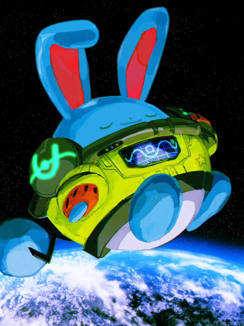 azumarill, azumarill_(space), closed_eyes, closed_mouth, clothed_pokemon, commentary_request, dot_nose, earth_(planet)