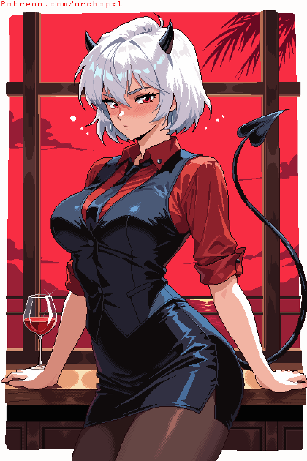 1girl, alcohol, archapxl, artist_name, black_horns, black_necktie, black_pantyhose, black_skirt
