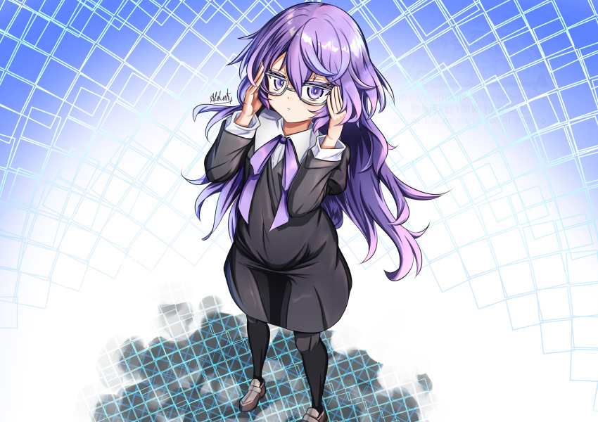 1girl, aldentia_pasta, black_dress, blue_background, digimon, digimon_story:_time_stranger, dress, full_body, glasses, highres, long_hair, mikagura_mirei, purple_hair, signature, simple_background, solo, standing, violet_eyes, white_background