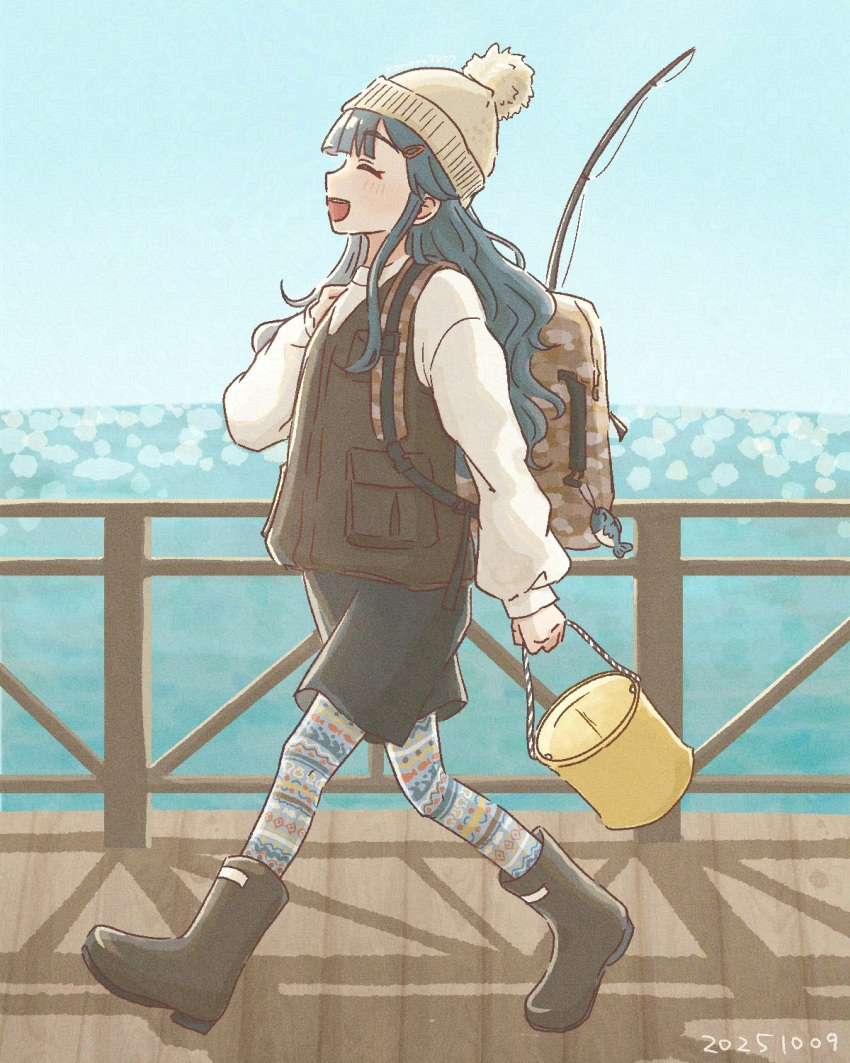 1girl, :d, animal_charm, artist_name, asari_nanami, backpack, bag, bag_charm