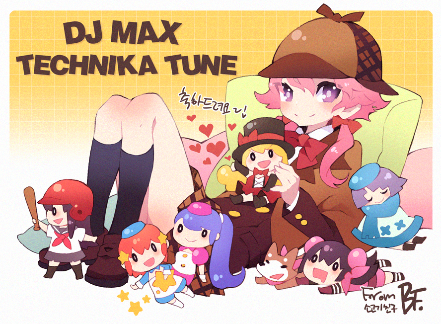 6+girls, ankle_boots, annotated, artist_name, bandana, baseball_bat, baseball_helmet, bf._(sogogiching)