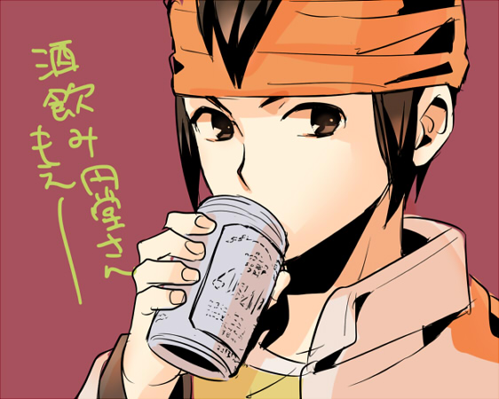 adult, brown_eyes, brown_hair, can, drinking, endou_mamoru, face, headband