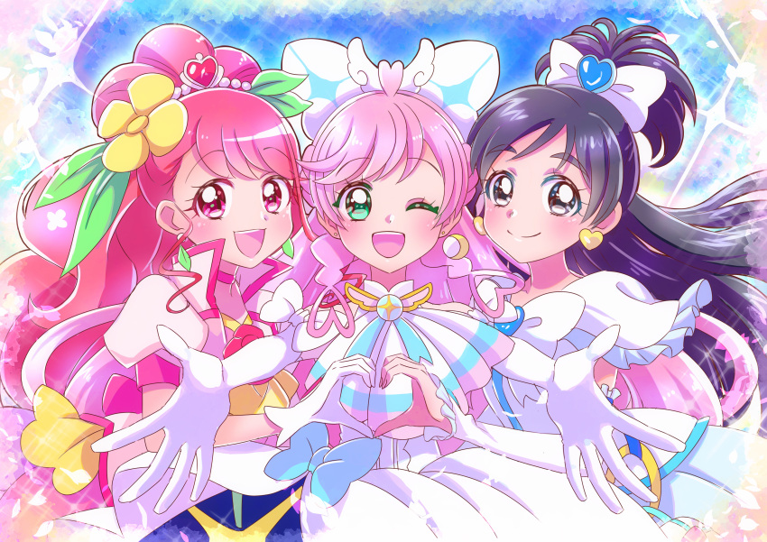 3girls, ;d, absurdres, ascot, back_bow, black_eyes, black_hair, blue_bow