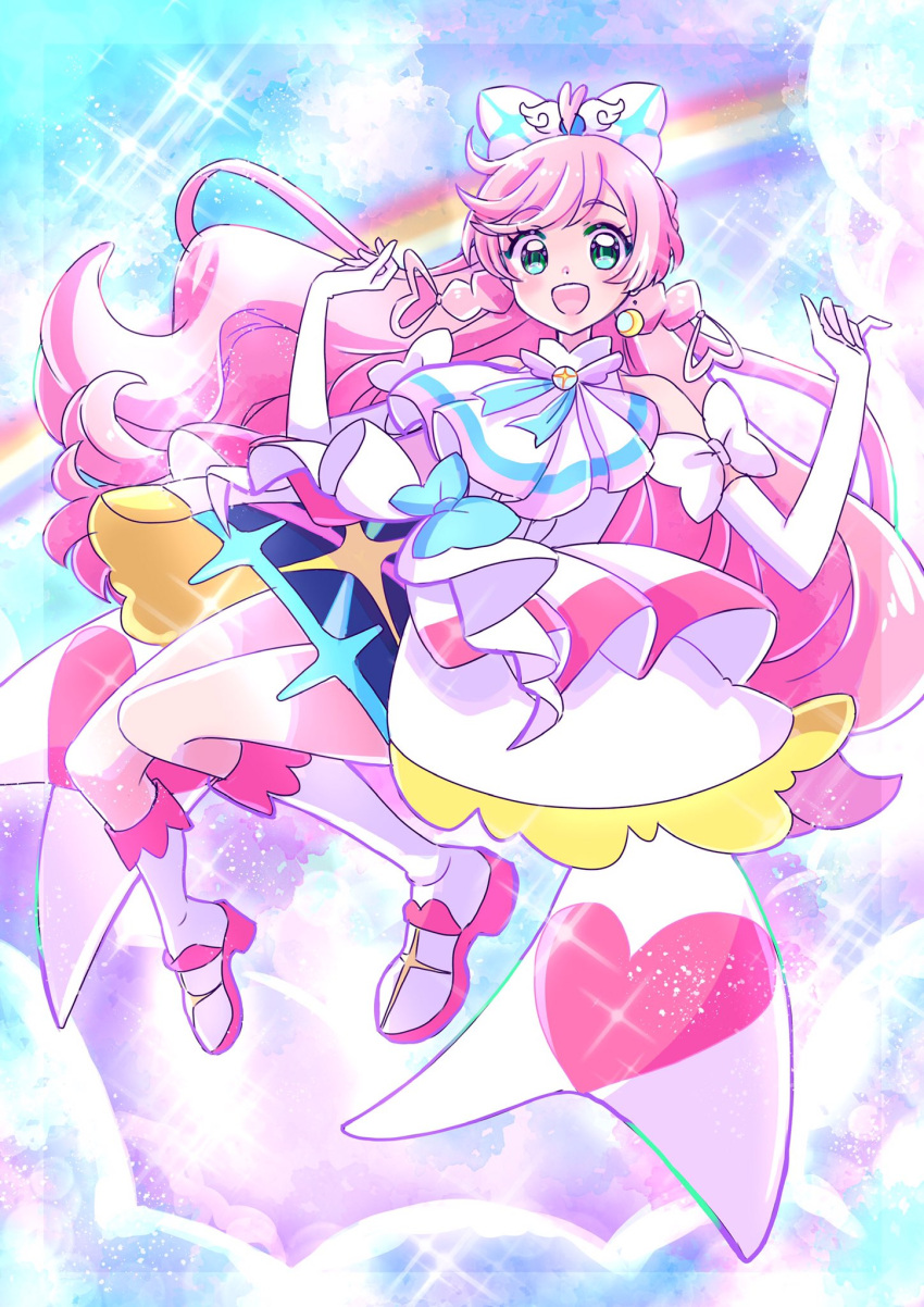 1girl, above_clouds, ascot, blue_bow, boots, bow, braid, brooch