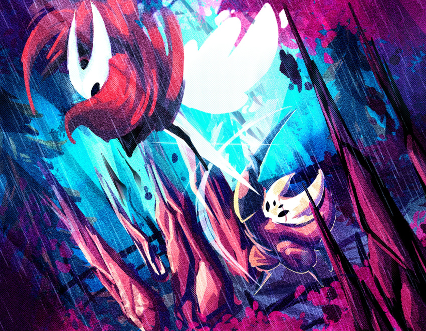 1boy, 1girl, absurdres, arthropod_girl, battle, black_skin, cloak, colored_skin