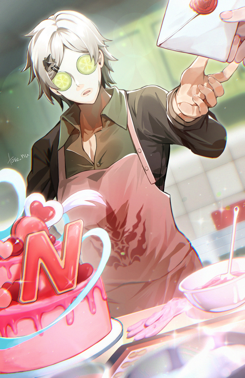 1boy, 1other, apron, artist_name, black_shirt, cake, commentary, english_commentary, food, grey_hair, highres, holding, holding_letter, honkai_(series), honkai_impact_3rd, indoors, kalpas_(honkai_impact), kitchen, letter, male_focus, mixing_bowl, pink_apron, second-party_source, shirt, short_hair, signet_of_decimation, solo, spatula, tare_(tonikaku_magaru)