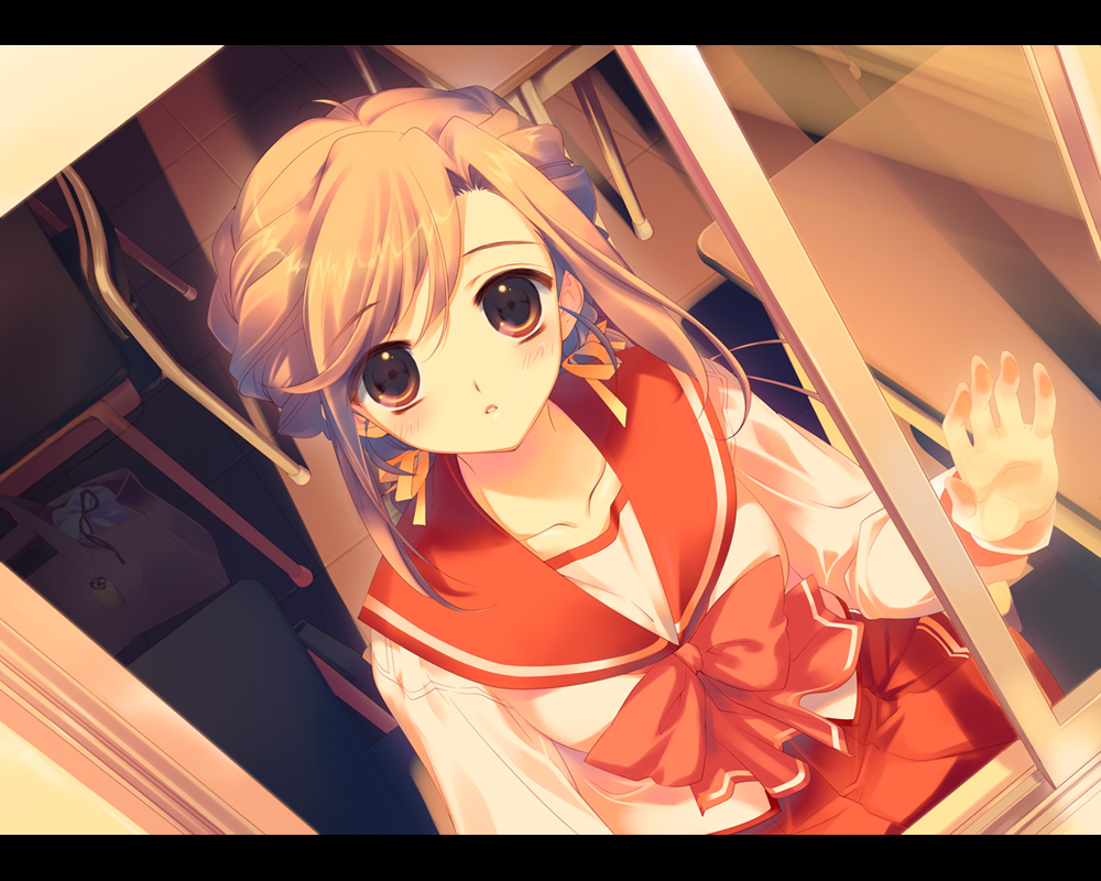 bad_id, blonde_hair, blush, brown_eyes, chair, classroom, dutch_angle, glass