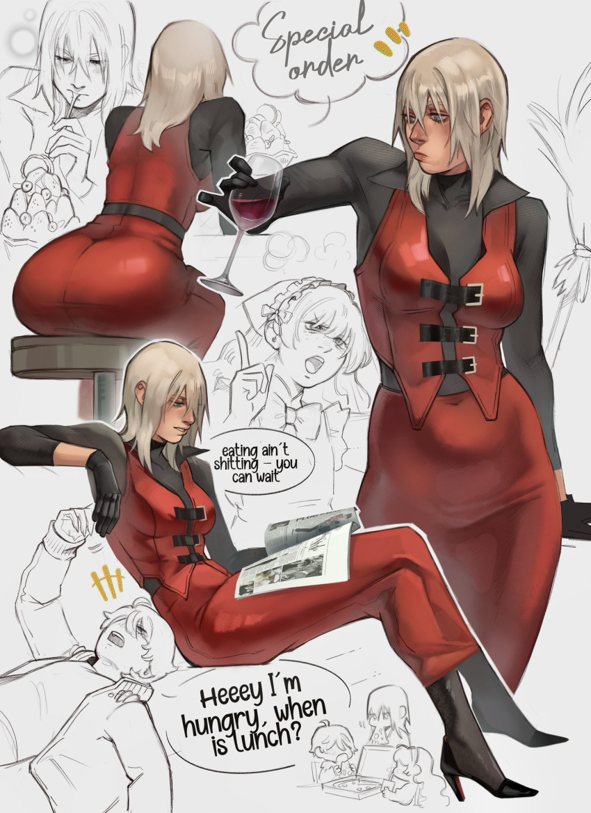 1boy, 2girls, 50gryvnia, ass, bar_stool, black_gloves, black_shirt, blonde_hair, blue_eyes, dante_(devil_may_cry), devil_may_cry_(anime), devil_may_cry_(series), genderswap, genderswap_(mtf), gloves, highres, long_skirt, multiple_girls, patty_lowell, red_vest, shirt, simple_background, sitting, skirt, stool, vest