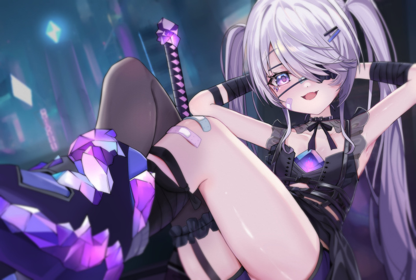 1girl, absurdres, bandaid, bandaid_on_face, bandaid_on_leg, blush, castellayaki, chest_belt