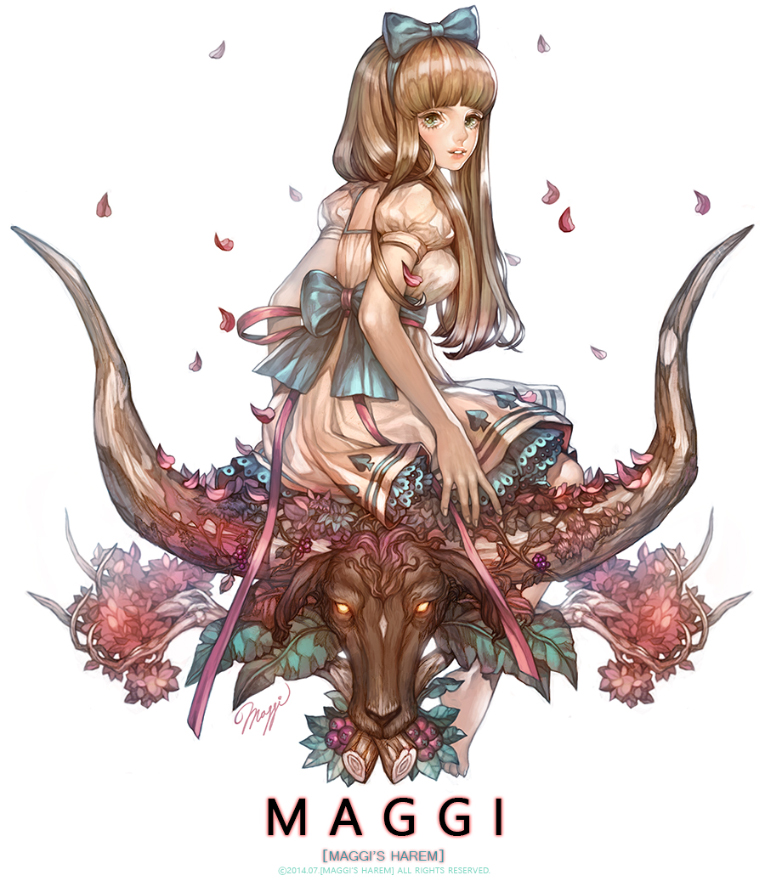 1girl, 2014, aqua_bow, aqua_eyes, aqua_hairband, archived_source, artist_name, back_bow, bare_legs, barefoot, berry, blonde_hair, bow, breasts, colored_petticoat, copyright_notice, dated, dress, empire_waist, english_text, eyelashes, fingernails, flower, from_behind, glowing, glowing_eyes, hair_bow, hairband, high_detail, horns, lace-trimmed_petticoat, leaf, lips, log, long_hair, looking_at_viewer, maggi, medium_breasts, original, parted_lips, petticoat, pink_ribbon, print_dress, puffy_short_sleeves, puffy_sleeves, red_flower, red_petals, ribbon, short_dress, short_sleeves, signature, simple_background, sitting, solo, spade_(shape), teeth, toes, waist_bow, white_background, white_dress, white_sleeves