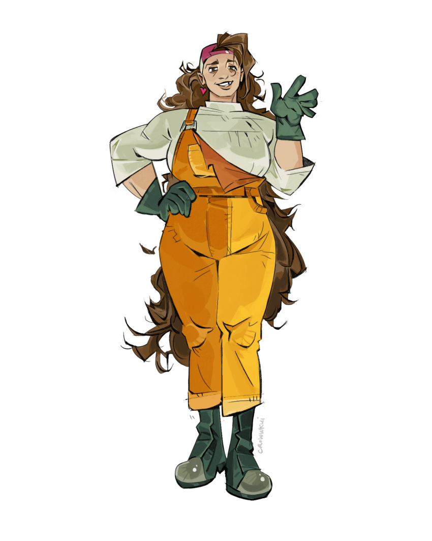 1girl, brown_hair, commentary, earrings, english_commentary, francesca_(knights_of_guinevere), gloves, green_gloves