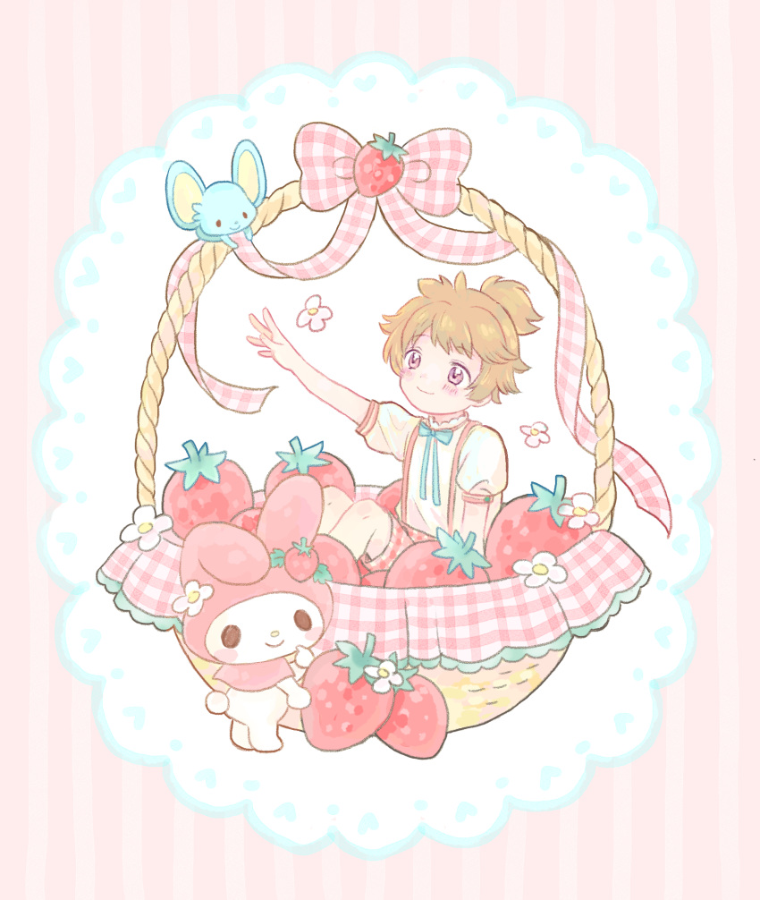 1boy, basket, blue_ribbon, blush, brown_eyes, brown_hair, crossover, food