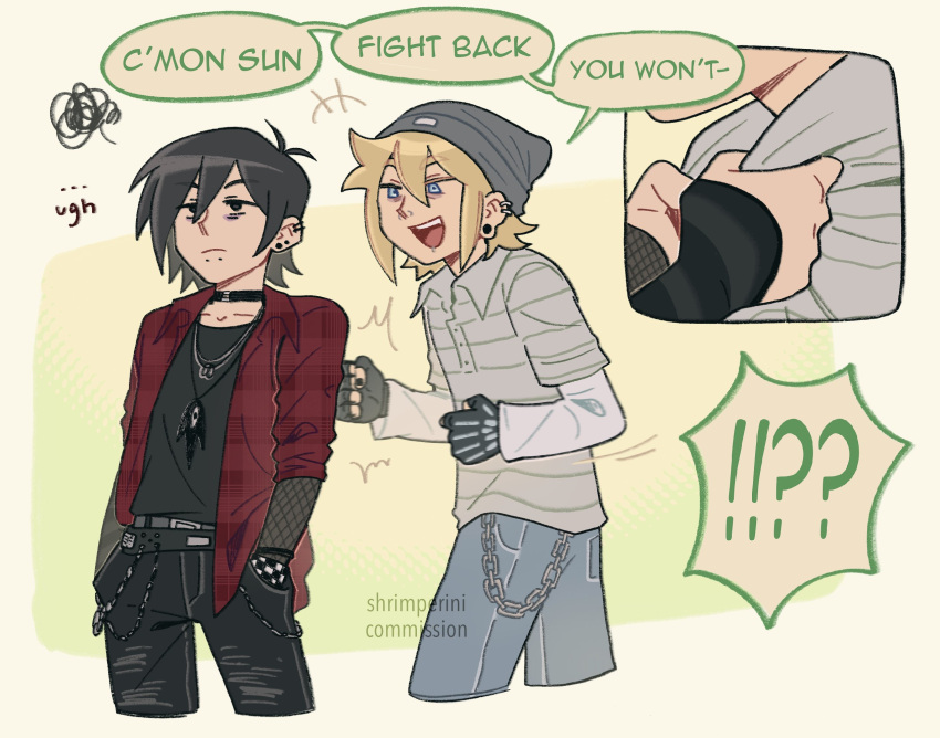!?, +++, ..., 2boys, :d, antenna_hair, artist_name, bags_under_eyes, basil_(faraway)_(omori), basil_(omori), beanie, belt, black_belt, black_choker, black_eyes, black_gloves, black_nails, black_pants, black_shirt, blonde_hair, blue_eyes, blue_pants, border, bracelet, chain, choker, clenched_hands, collarbone, collared_jacket, collared_shirt, commentary, commission, cropped_legs, denim, double-parted_bangs, ear_piercing, earrings, elbow_gloves, emori_(shrimperini), english_commentary, english_text, face_piercing, fingerless_gloves, fishnet_gloves, fishnets, frown, gloves, grey_hat, grey_shirt, hair_between_eyes, hands_in_pockets, hat, highres, jacket, jeans, jewelry, layered_sleeves, long_sleeves, male_focus, mouth_piercing, multiple_boys, nail_polish, necklace, no_sclera, nose_piercing, omori, open_clothes, open_jacket, open_mouth, outside_border, pants, piercing, plaid_clothes, plaid_jacket, pulling_another's_clothes, red_jacket, shirt, short_hair, short_over_long_sleeves, short_sleeves, shrimperini, simple_background, smile, something_(omori), speech_bubble, squiggle, standing, striped_clothes, striped_shirt, sunny_(omori), teeth, three-quarter_sleeves, tongue, upper_teeth_only, watermark, white_shirt, yellow_background, yellow_border