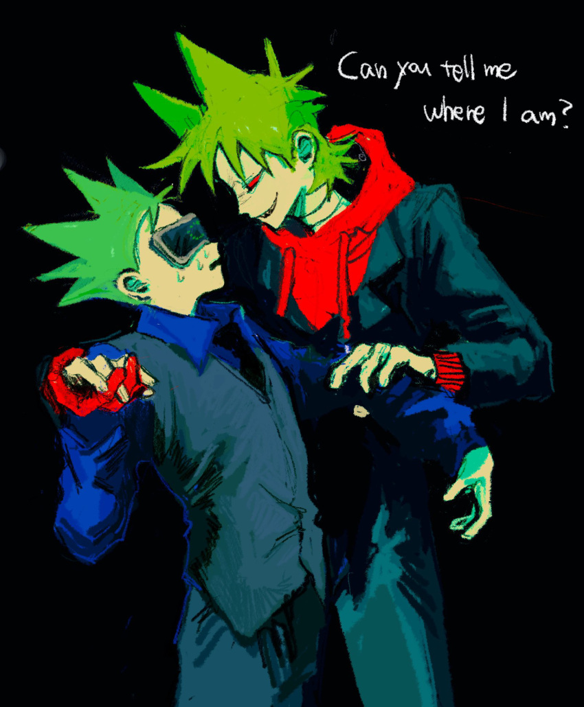 2boys, :d, antenna_hair, bandaged_neck, bandages, black_background, black_eyes, black_jacket, black_necktie, black_pants, black_vest, blue_shirt, brown_hair, chromatic_aberration, collared_shirt, colored_sclera, commentary_request, cowboy_shot, denpa_shougai, drawstring, eddsworld, english_text, face-to-face, future_tom_(eddsworld), future_tord_(eddsworld), grabbing_another's_arm, hair_behind_ear, hair_between_eyes, hair_horns, head-mounted_display, highres, holding_hands, hood, hood_down, hoodie, interlocked_fingers, jacket, lapels, layered_sleeves, long_sleeves, looking_at_another, male_focus, multiple_boys, necktie, open_mouth, pants, profile, red_hoodie, red_sclera, scared, sharp_teeth, shirt, short_hair, simple_background, smile, standing, sweat, teeth, tom_(eddsworld), tord_(eddsworld), upper_teeth_only, very_short_hair, vest