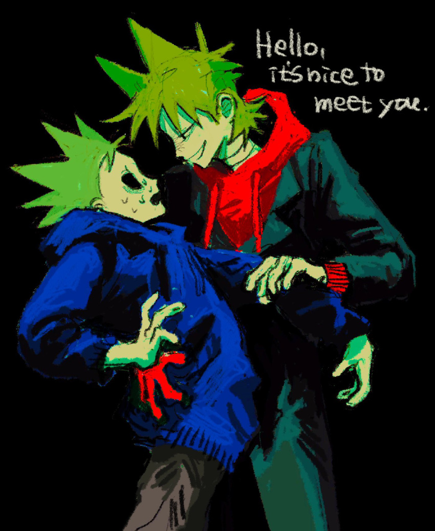 2boys, :d, antenna_hair, bags_under_eyes, bandaged_neck, bandages, black_background, black_eyes