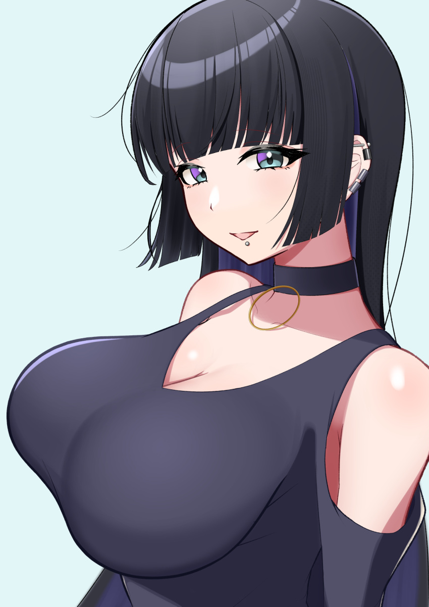 1girl, aqua_background, aqua_eyes, arms_behind_back, barbell_piercing, bigthirteen0301, black_choker, black_dress