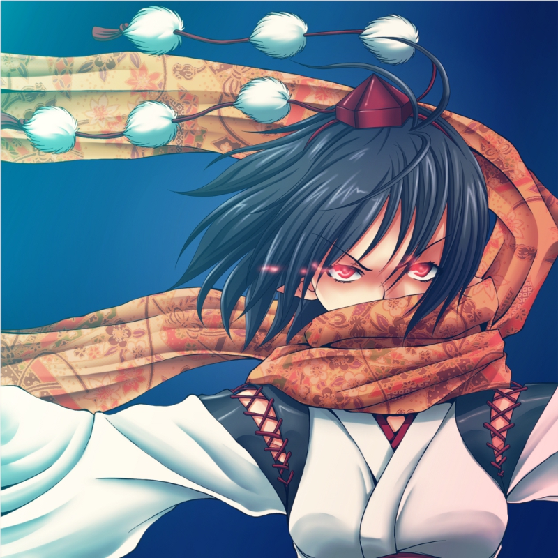 1girl, black_hair, blue_background, breasts, commentary_request, floral_print_scarf, glowing, glowing_eyes