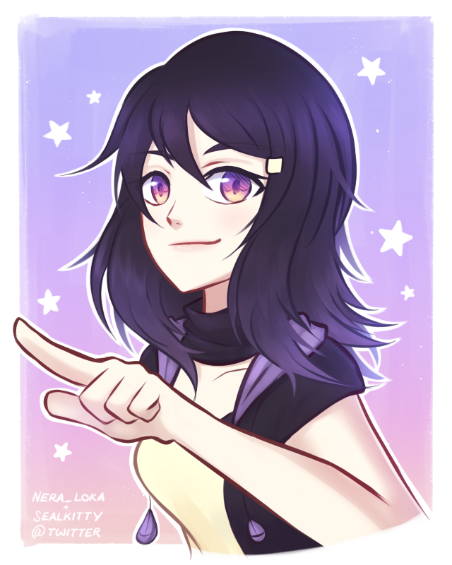 1girl, artist_collaboration, artist_name, border, breasts, closed_mouth, commentary, english_commentary, eyelashes, hair_ornament, hairclip, medium_hair, nera_loka, original, outline, purple_hair, rei_(sealkitty), sealkitty, sleeveless, smile, solo, star_(symbol), twitter_username, violet_eyes, white_border, white_outline