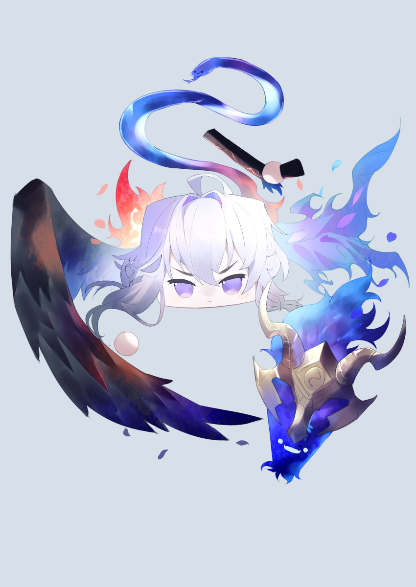 :<, absurdres, ahoge, asymmetrical_wings, ball_hands, black_wings, closed_mouth, commentary