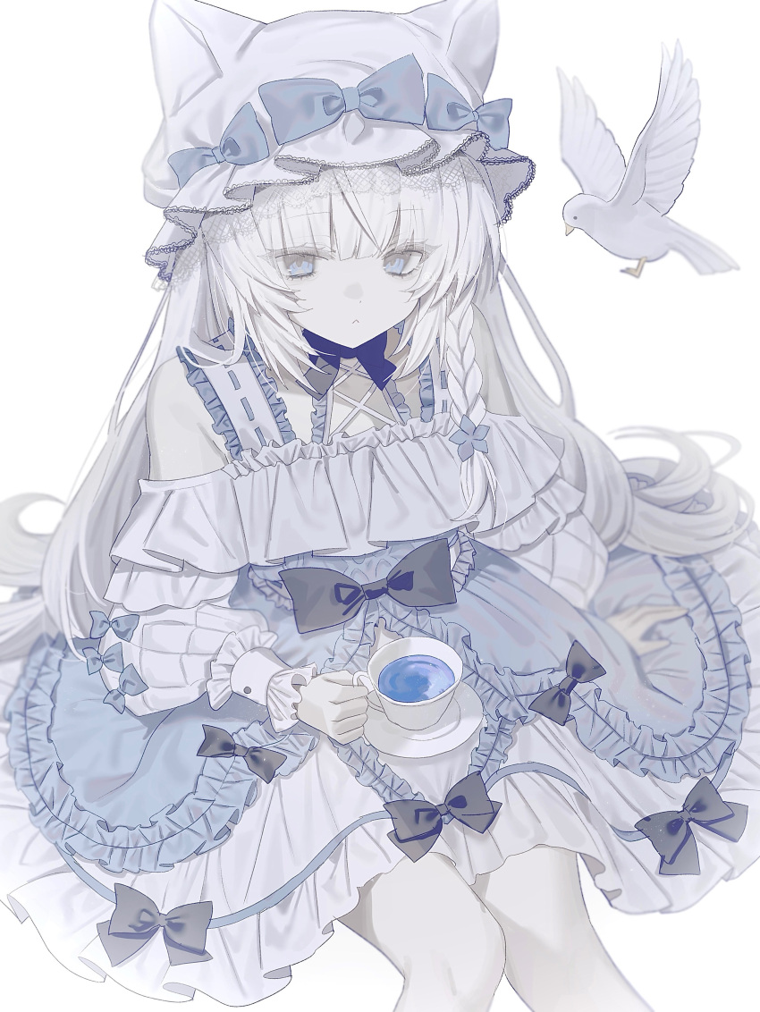 1girl, :<, absurdres, animal_ears, bare_shoulders, bird, black_bow, blue_bow, blue_dress, blue_eyes, blue_flower, blue_liquid, blunt_bangs, bow, braid, cat_ears, colored_skin, cross-laced_clothes, cross-laced_dress, cup, dove, dress, feet_out_of_frame, flower, frilled_dress, frills, hair_flower, hair_ornament, hand_up, hat, hat_bow, highres, hinomiya_shou, holding, holding_cup, lace_trim, lolita_fashion, long_hair, looking_at_viewer, mob_cap, off-shoulder_dress, off_shoulder, original, plate, side_braid, simple_background, sitting, solo, two-tone_dress, very_long_hair, white_background, white_dress, white_hair, white_skin