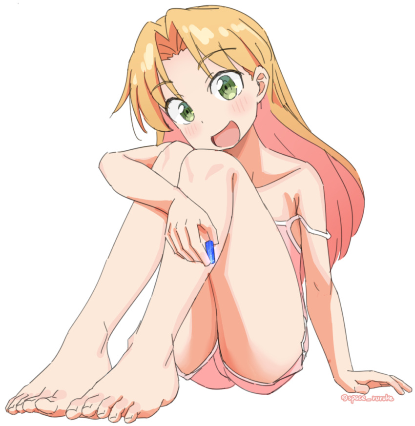 barefoot, blonde_hair, double_strap_slip, ruri_no_houseki, spacepaprika, strap_lift, strap_pull, strap_slip