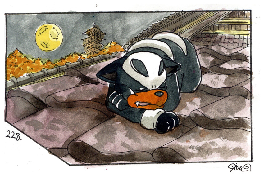 architecture, artist_name, closed_eyes, dog, east_asian_architecture, full_moon, highres, houndour