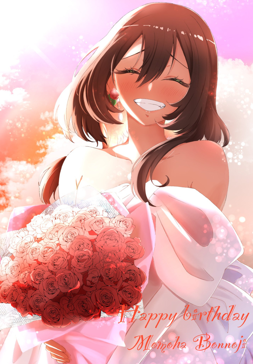 1girl, :d, bare_shoulders, bonnouji_momoha, bouquet, brown_hair, closed_eyes, clouds