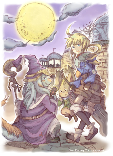 blonde_hair, brick, city, cloud, ezel_berbier, final_fantasy, final_fantasy_tactics_advance, full_moon, grin, hat, looking_back, marche_radiuju, montblanc, moogle, moon, nu_mou, shorts, smile, staff, suka_otoko