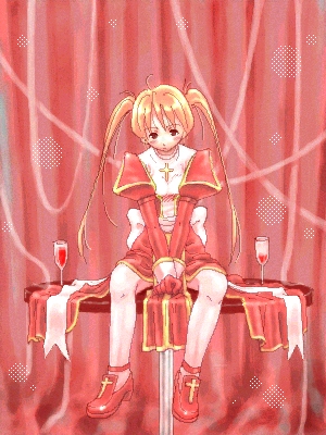 1girl, alcohol, back_bow, blonde_hair, bow, closed_mouth, commentary_request, cross