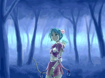 1girl, archer_(ragnarok_online), arrow_(projectile), blue_background, bow_(weapon), brown_gloves, commentary_request, cowboy_shot