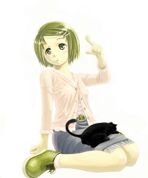 1girl, black_cat, blush, cat, closed_mouth, commentary_request, full_body, green_eyes