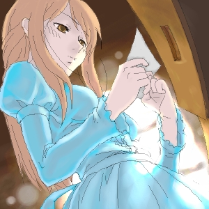1girl, blue_dress, brown_eyes, brown_hair, closed_mouth, commentary_request, dress, holding